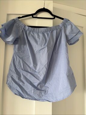New York & Company Light Blue Off-Shoulder Ruffle Sleeve Blouse